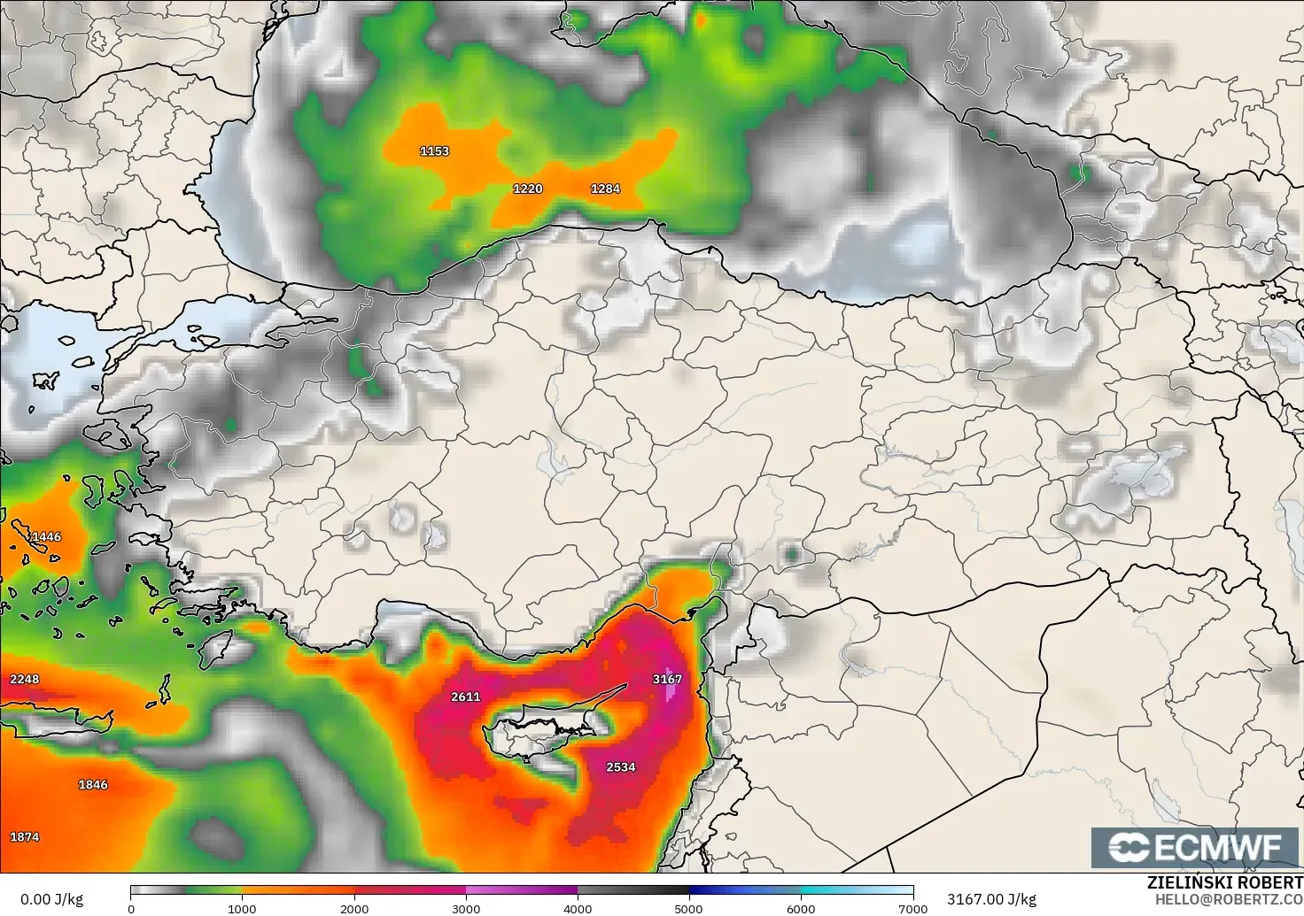ECMWF IFS 0.25° modelo - Turquía, CAPE