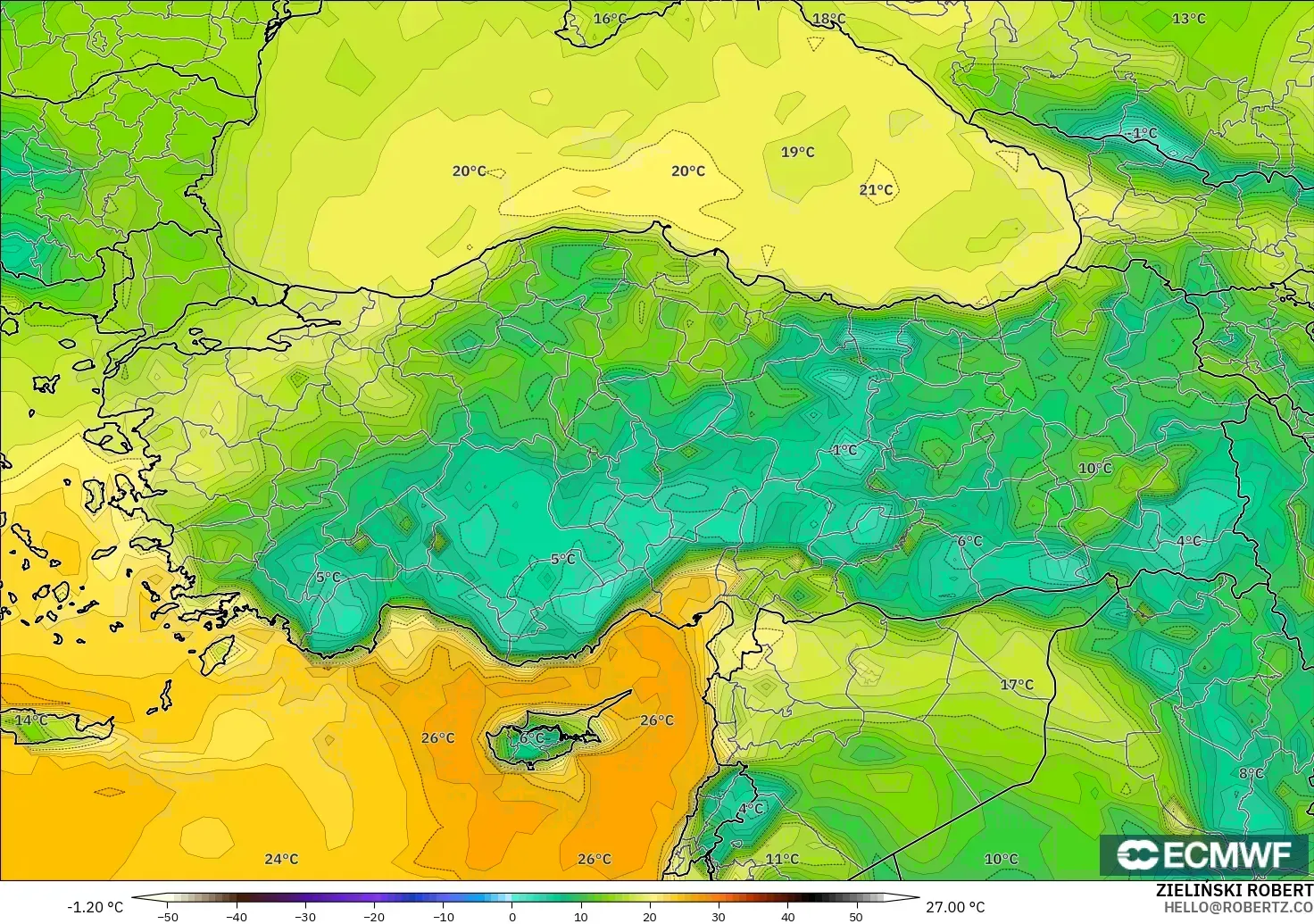 ECMWF IFS 0.25° modelo - Turquía, Punto de rocío a 2 m