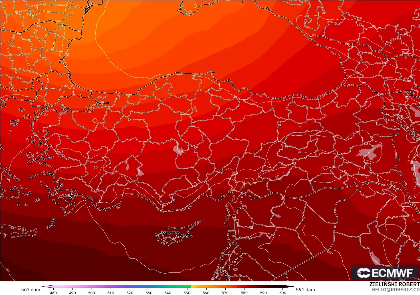 ECMWF IFS 0.25° modelo - Turquía, Altura geopotencial a 500 hPa