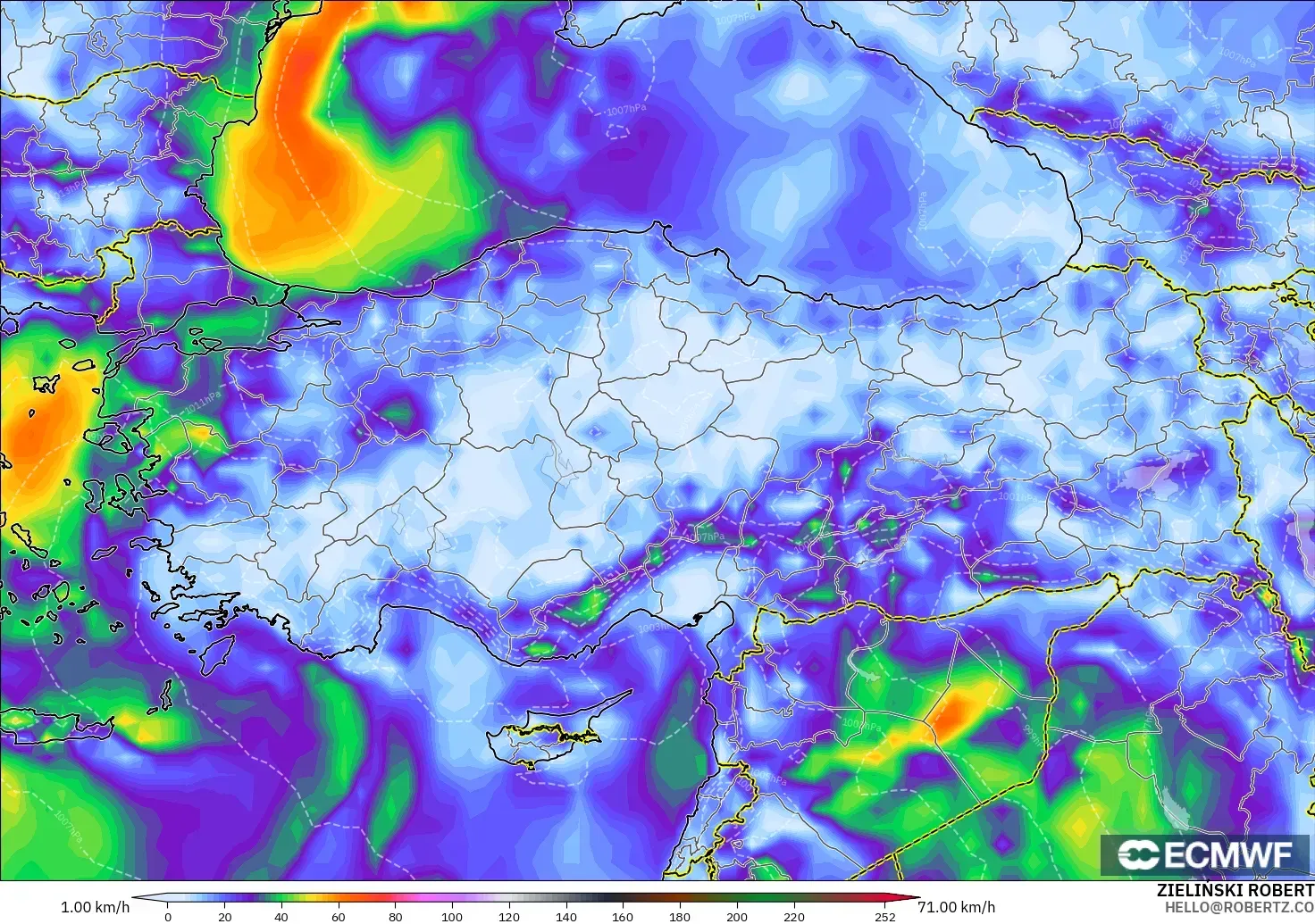 ECMWF IFS 0.25° modelo - Turquía, Ráfagas de viento