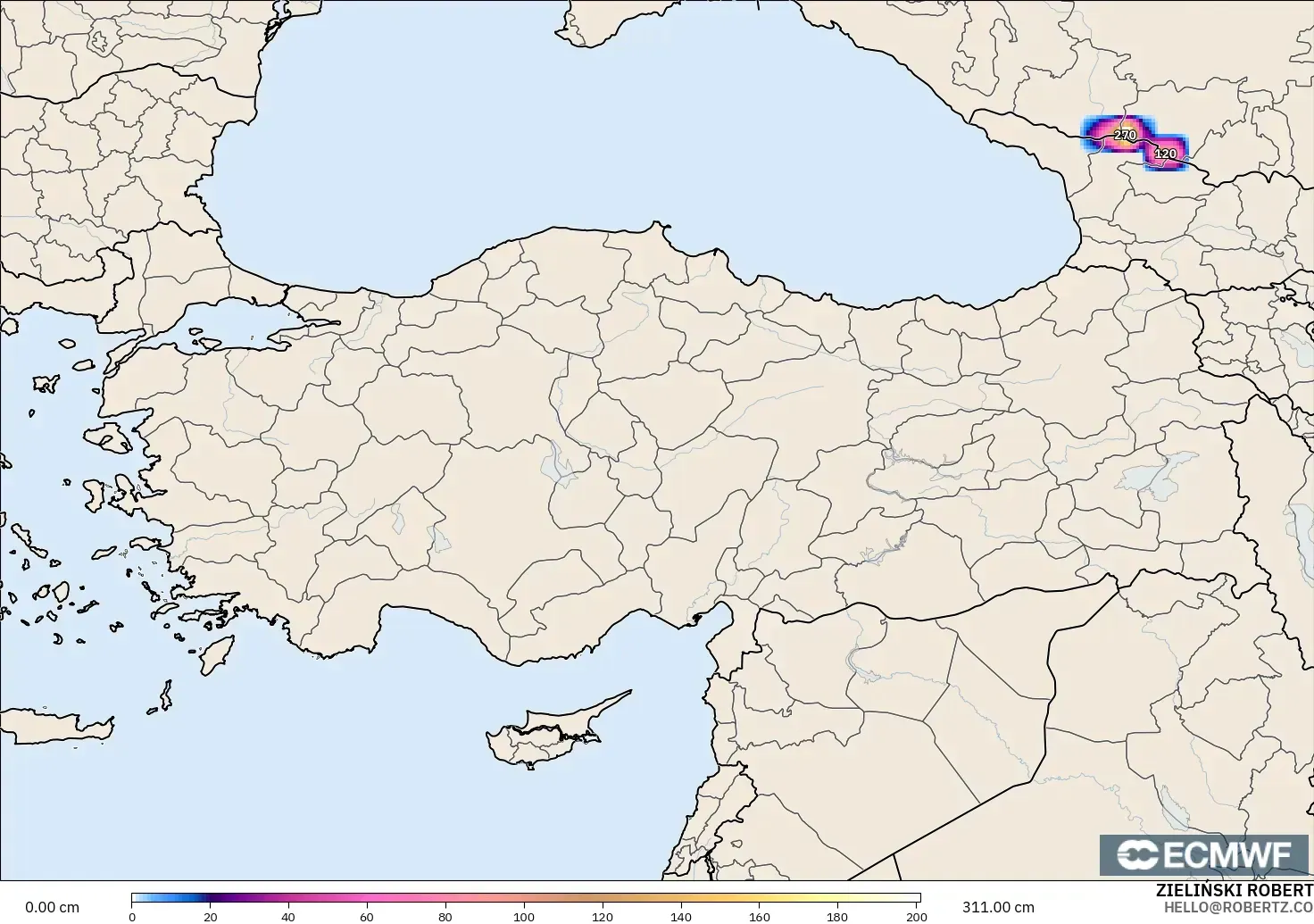 ECMWF IFS 0.25° modelo - Turquía, Profundidad de nieve