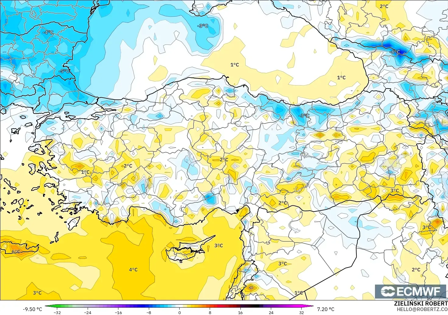 ECMWF IFS 0.25° modelo - Turquía, Anomalía de temperatura a 2 m