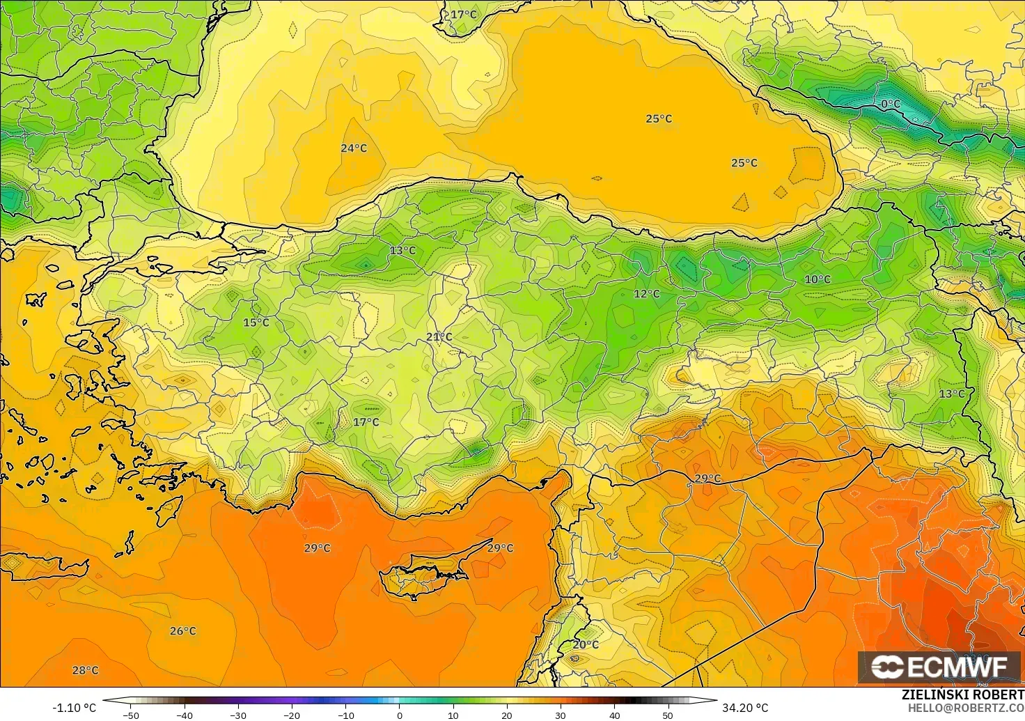 ECMWF IFS 0.25° modelo - Turquía, Temperatura a 2 m