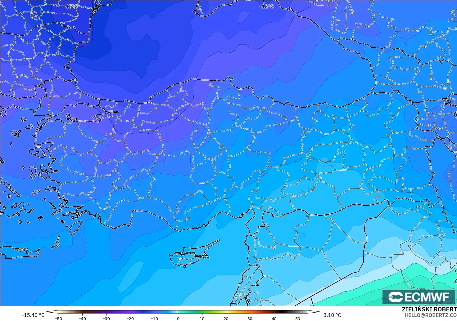 ECMWF IFS 0.25° modelo - Turquía, Temperatura a 500 hPa