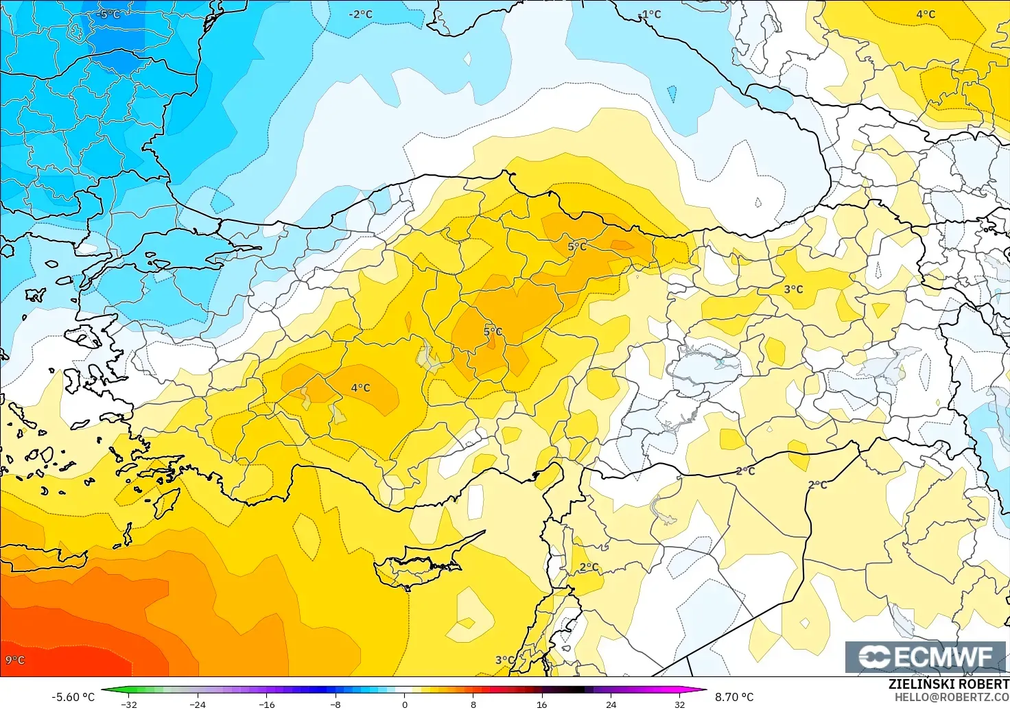 ECMWF IFS 0.25° modelo - Turquía, Anomalía de temperatura a 850 hPa