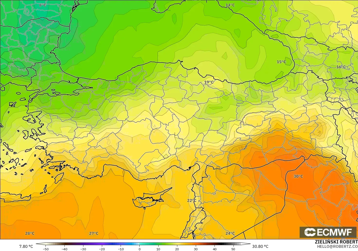 ECMWF IFS 0.25° modelo - Turquía, Temperatura a 850 hPa
