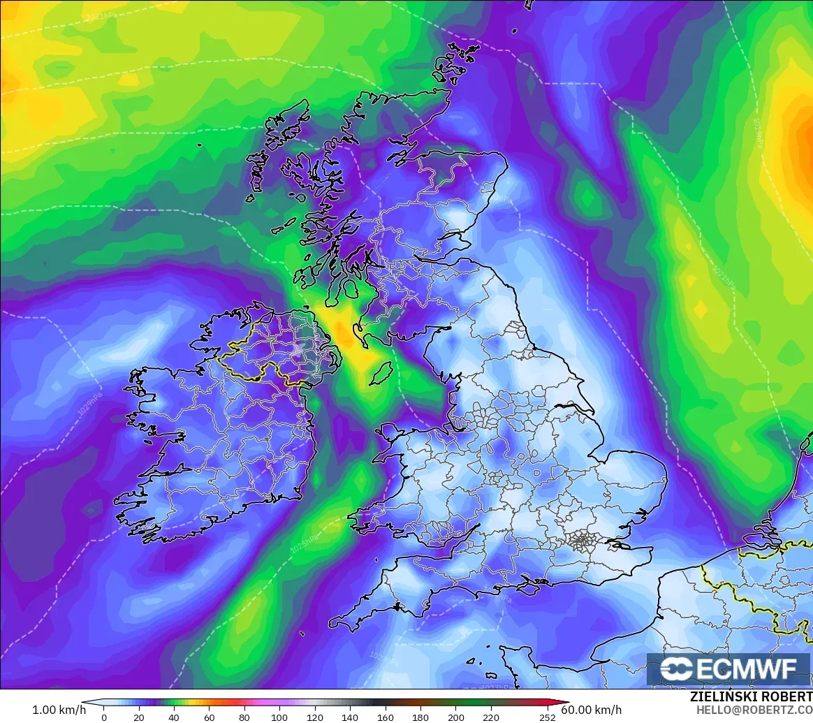 ECMWF IFS 0.25° modelo - Reino Unido, Ráfagas de viento