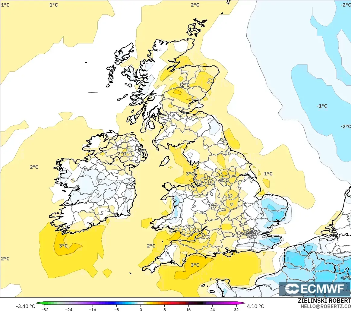 ECMWF IFS 0.25° modelo - Reino Unido, Anomalía de temperatura a 2 m