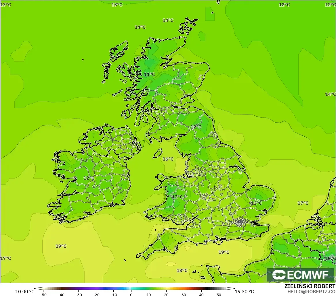 ECMWF IFS 0.25° modelo - Reino Unido, Temperatura a 2 m
