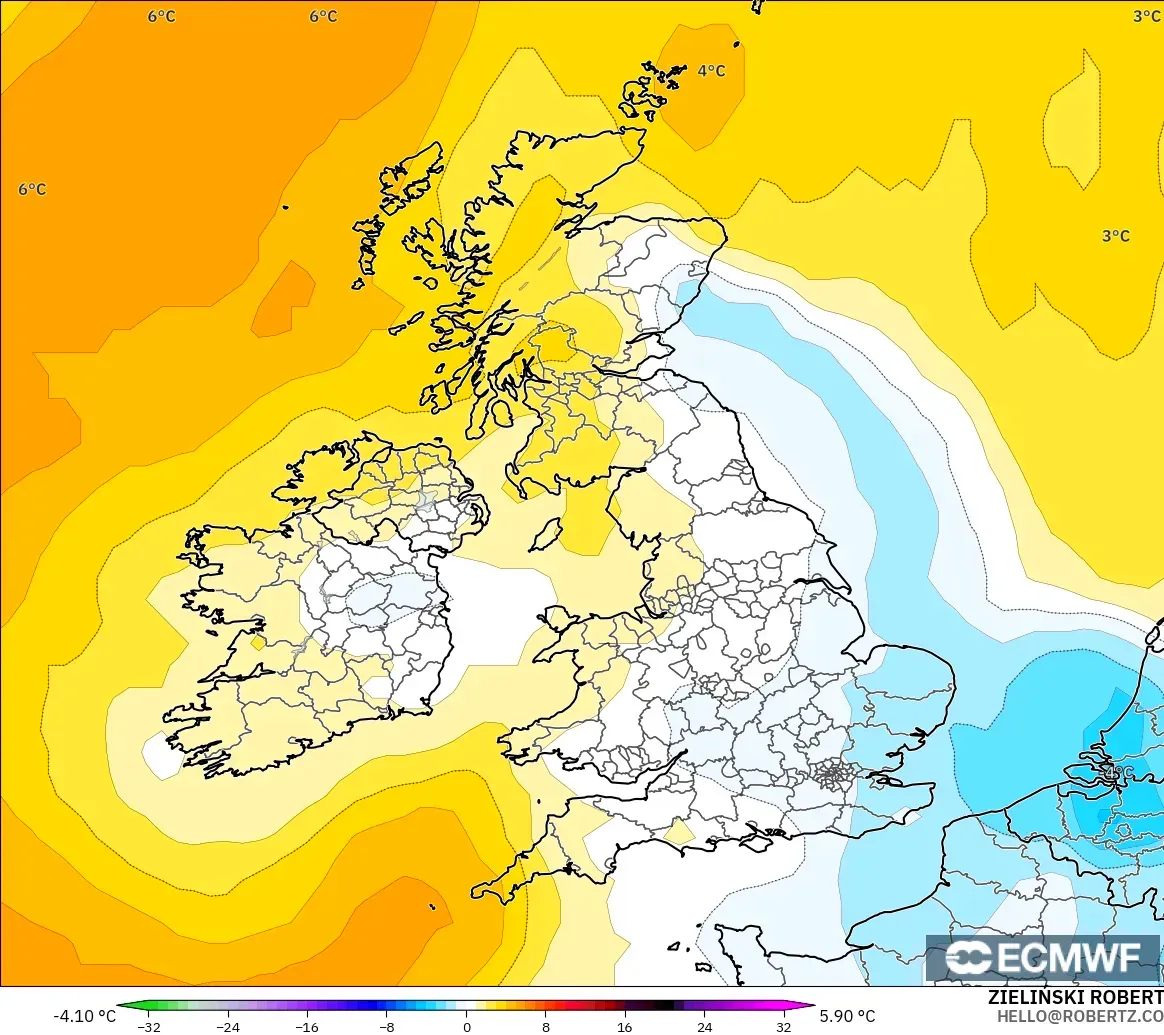 ECMWF IFS 0.25° modelo - Reino Unido, Anomalía de temperatura a 850 hPa