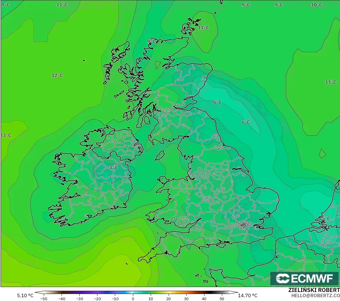 ECMWF IFS 0.25° modelo - Reino Unido, Temperatura a 850 hPa