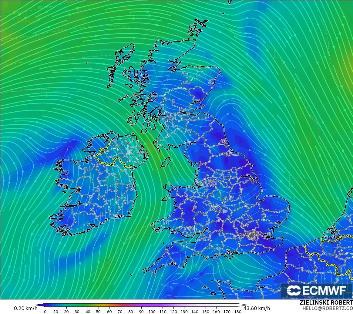 ECMWF IFS 0.25° modelo - Reino Unido, Viento a 10 m