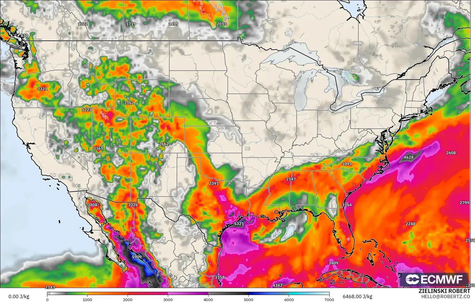 ECMWF IFS 0.25° modelo - Estados Unidos, CAPE
