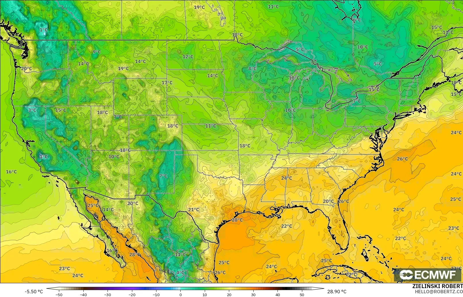 ECMWF IFS 0.25° modelo - Estados Unidos, Punto de rocío a 2 m