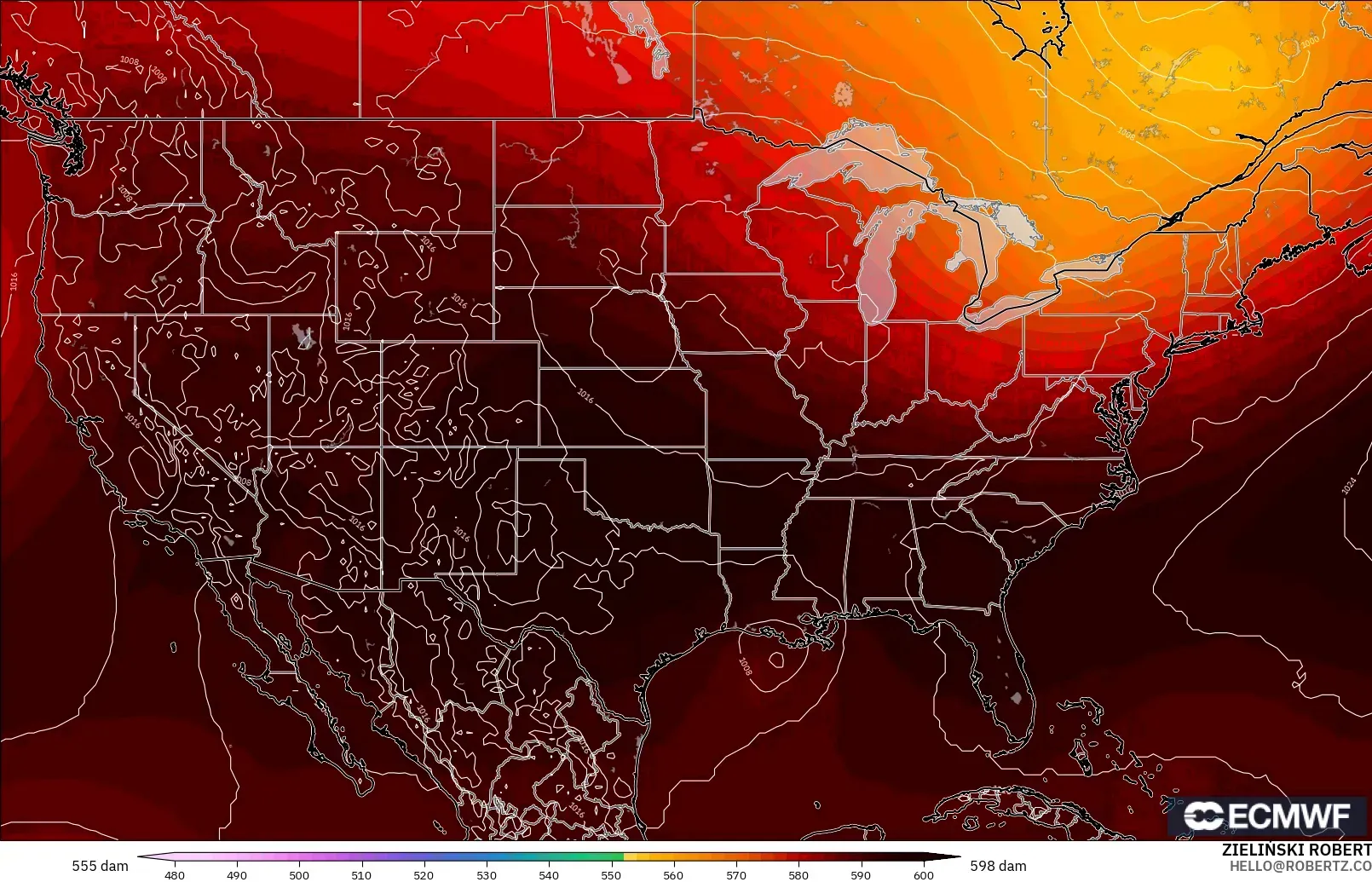 ECMWF IFS 0.25° modelo - Estados Unidos, Altura geopotencial a 500 hPa