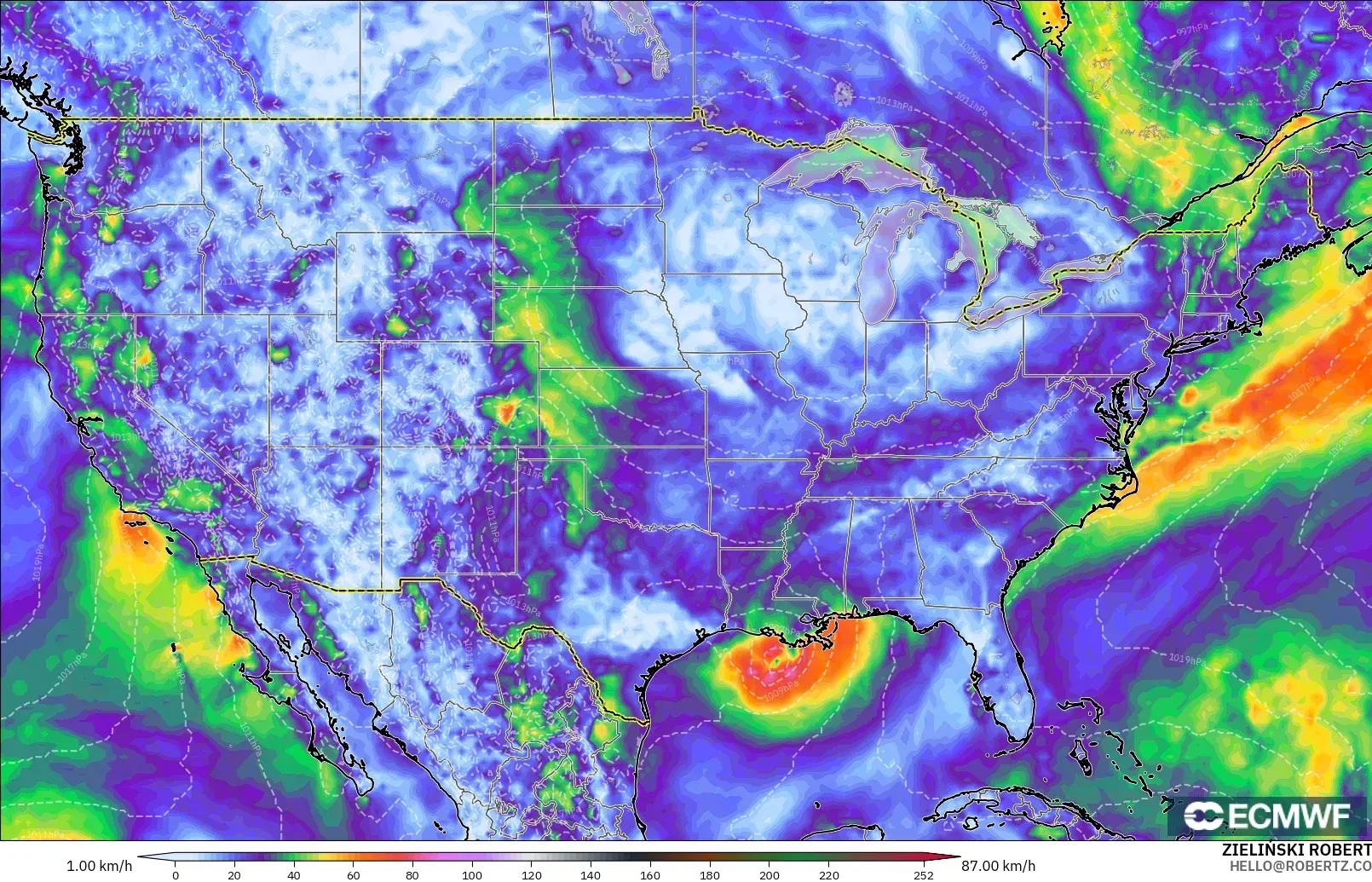 ECMWF IFS 0.25° modelo - Estados Unidos, Ráfagas de Viento Máximas