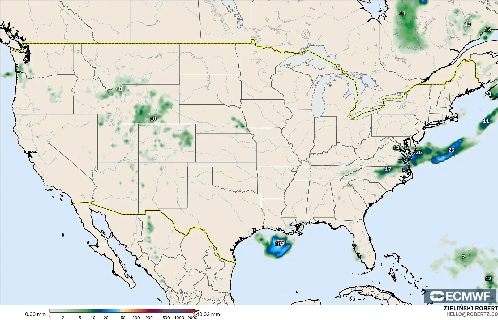 ECMWF IFS 0.25° modelo - Estados Unidos, Acumulación de precipitación