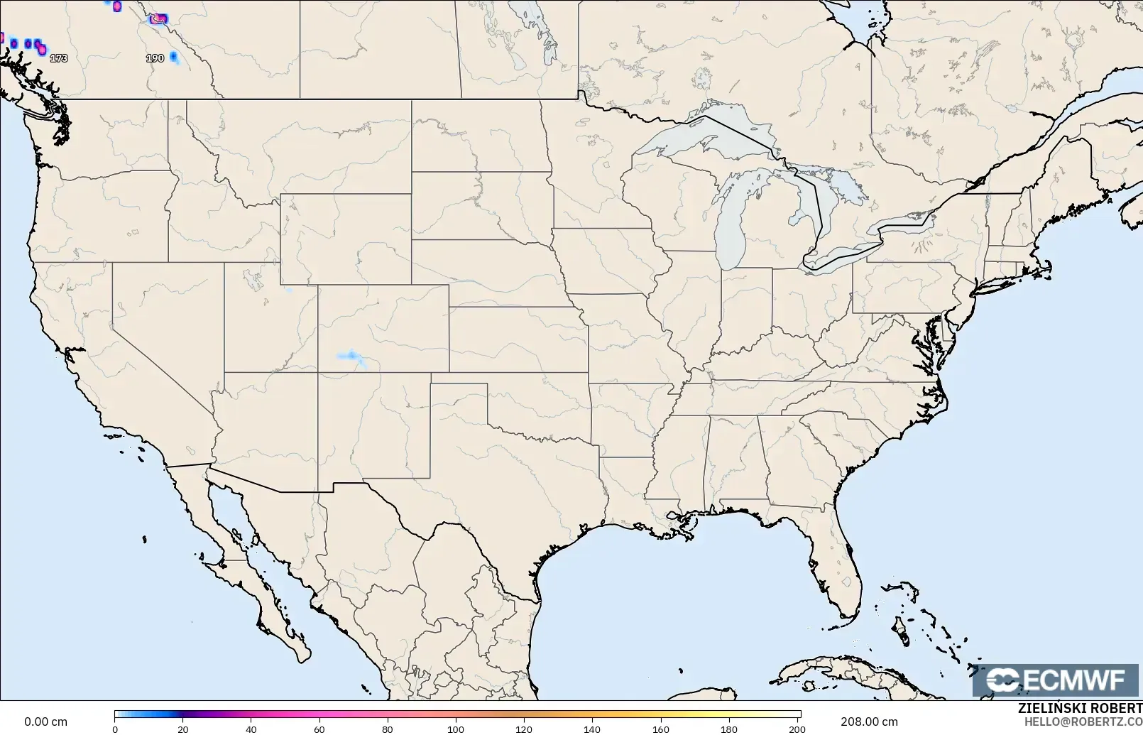ECMWF IFS 0.25° modelo - Estados Unidos, Profundidad de nieve