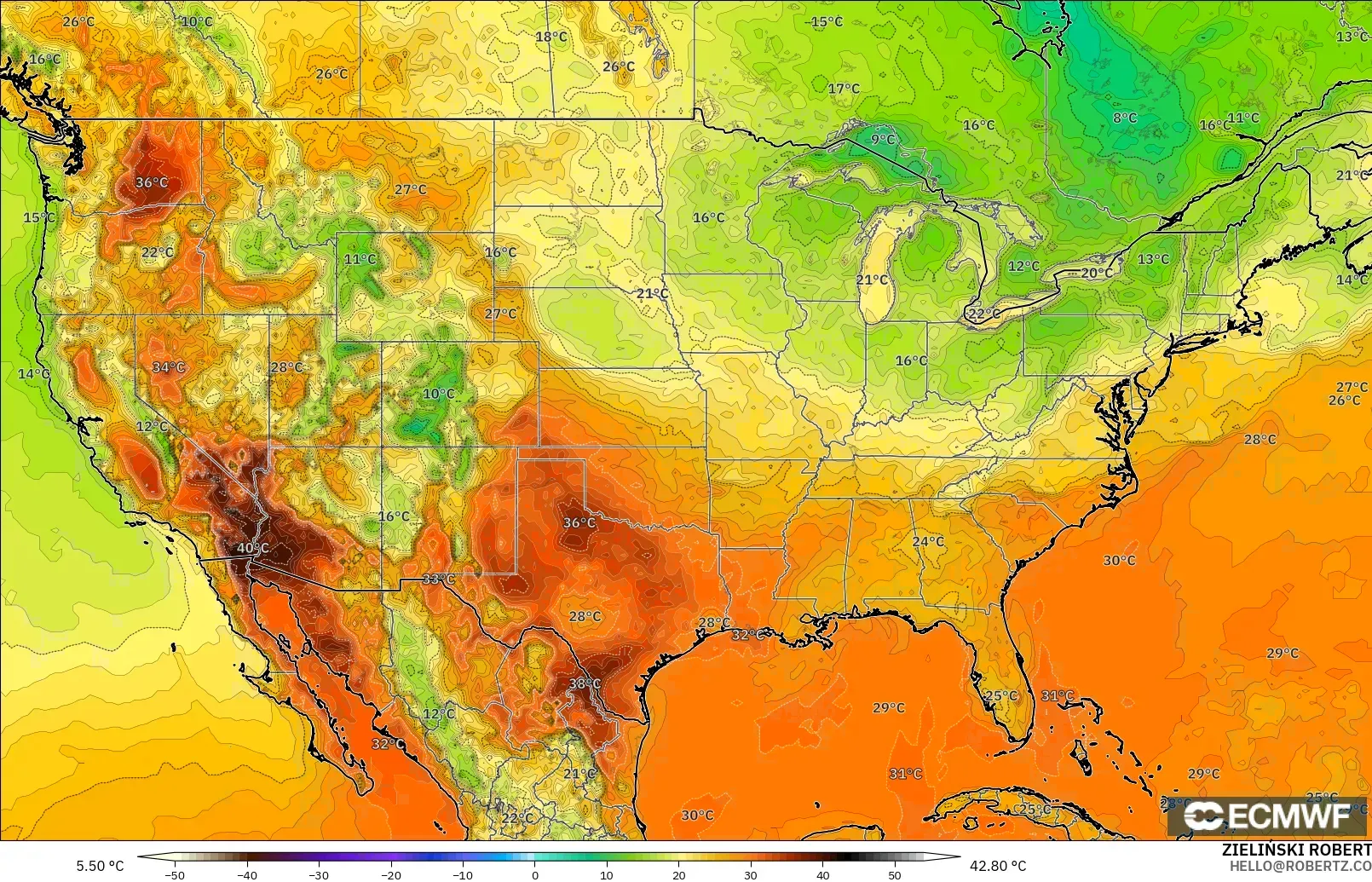 ECMWF IFS 0.25° modelo - Estados Unidos, Temperatura a 2 m