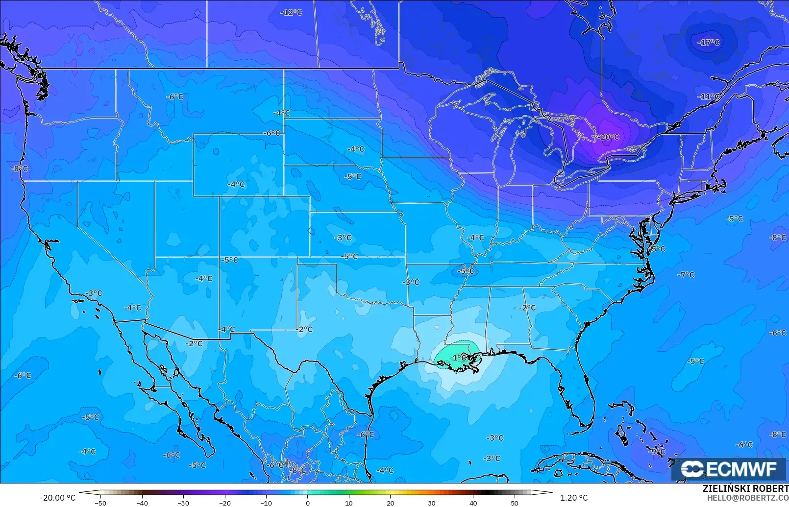 ECMWF IFS 0.25° modelo - Estados Unidos, Temperatura a 500 hPa