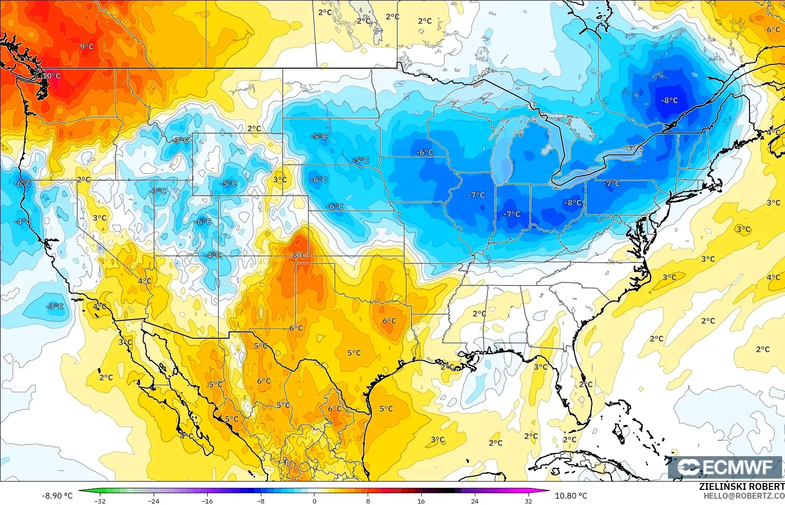 ECMWF IFS 0.25° modelo - Estados Unidos, Anomalía de temperatura a 850 hPa