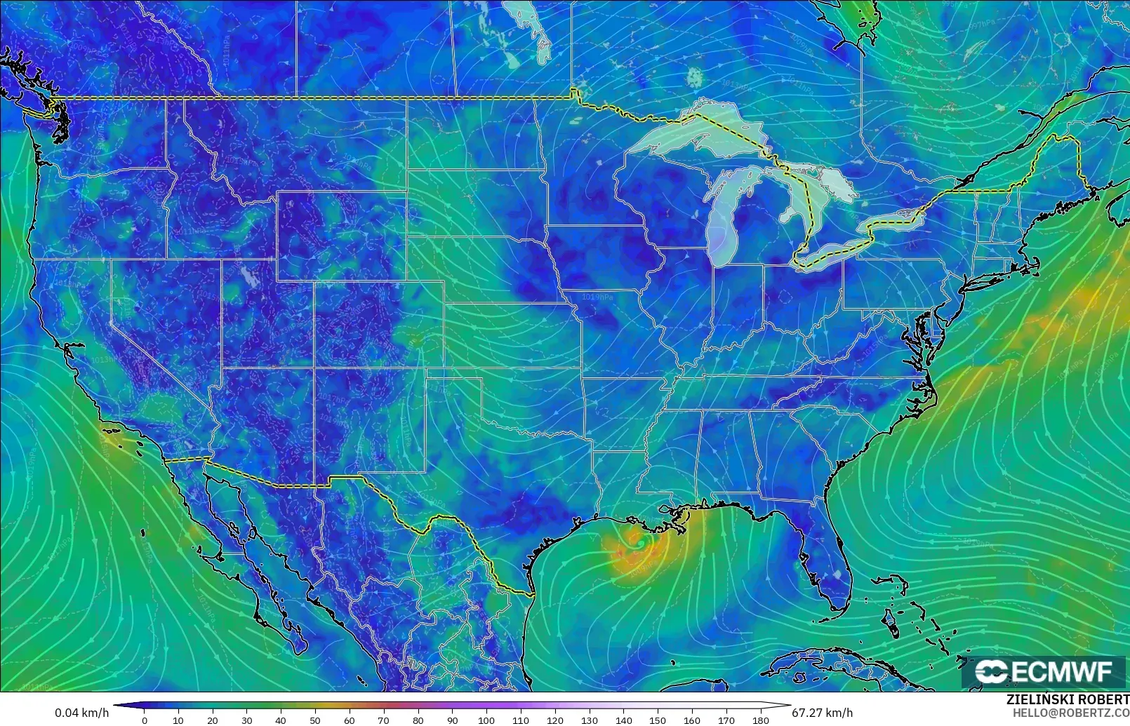 ECMWF IFS 0.25° modelo - Estados Unidos, Viento a 10 m