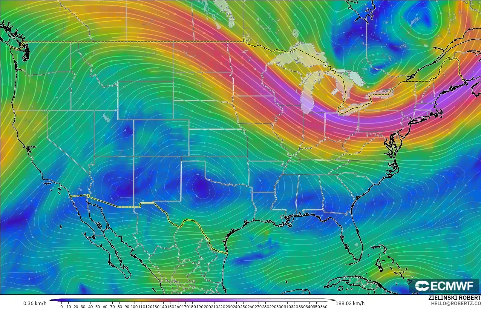 ECMWF IFS 0.25° modelo - Estados Unidos, Viento a 300 hPa (corriente en chorro)