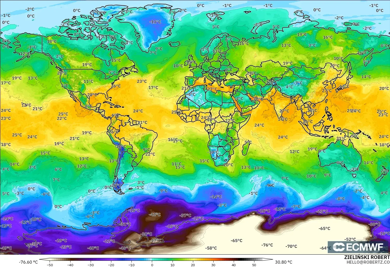 ECMWF IFS 0.25° modelo - Mundo, Punto de rocío a 2 m