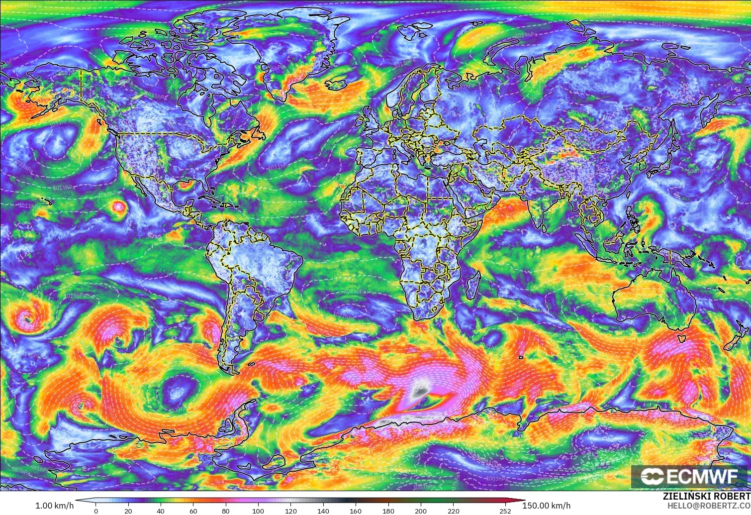 ECMWF IFS 0.25° modelo - Mundo, Ráfagas de Viento Máximas