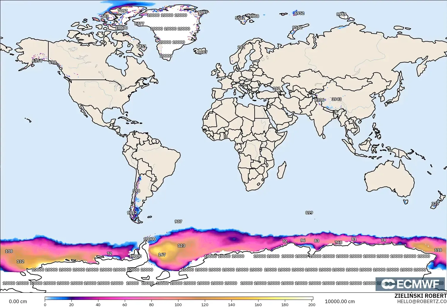 ECMWF IFS 0.25° modelo - Mundo, Profundidad de nieve