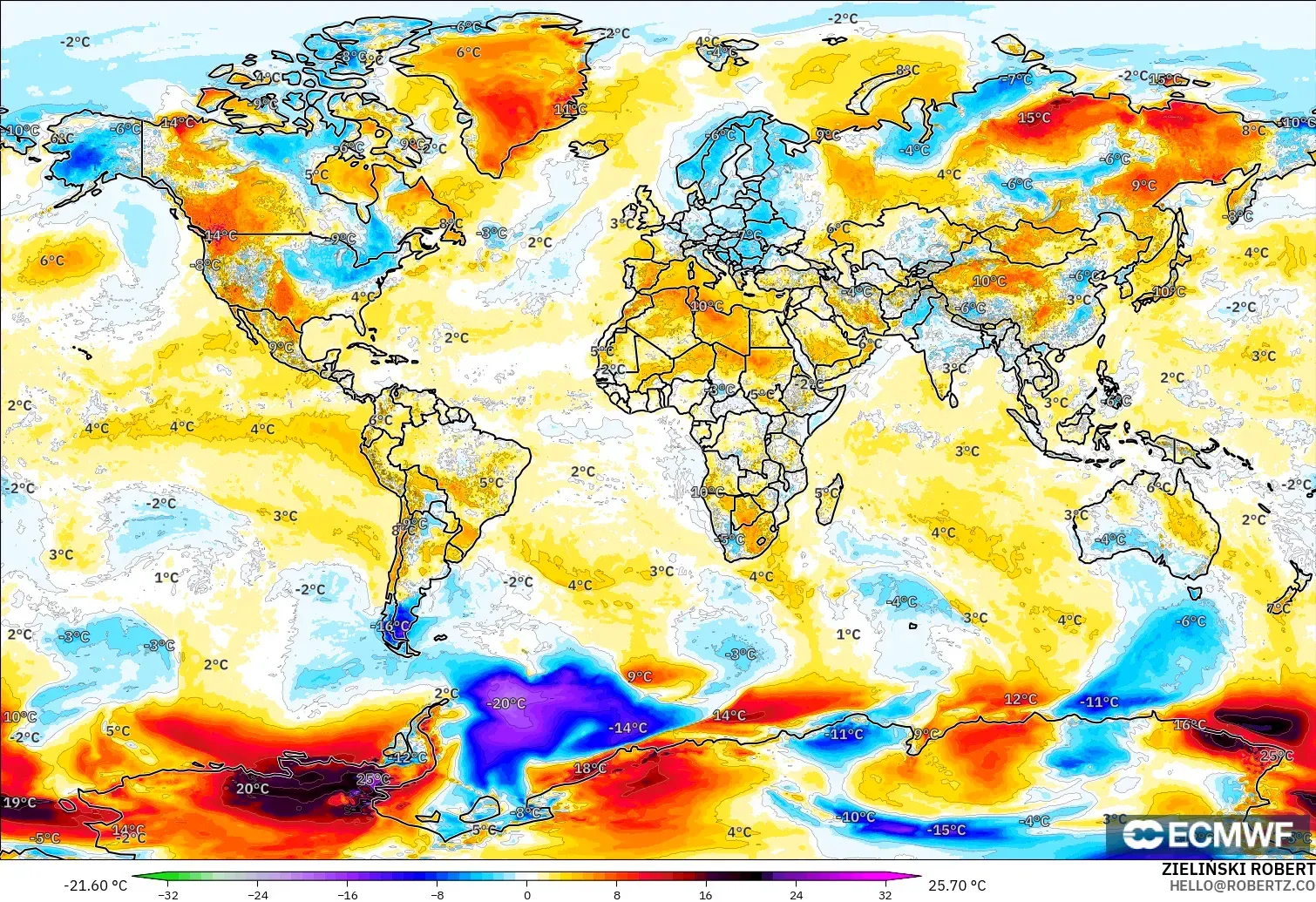 ECMWF IFS 0.25° modelo - Mundo, Anomalía de temperatura a 2 m