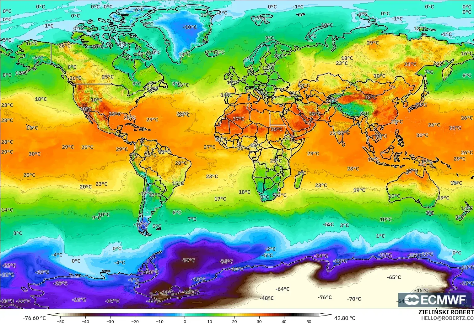 ECMWF IFS 0.25° modelo - Mundo, Temperatura a 2 m