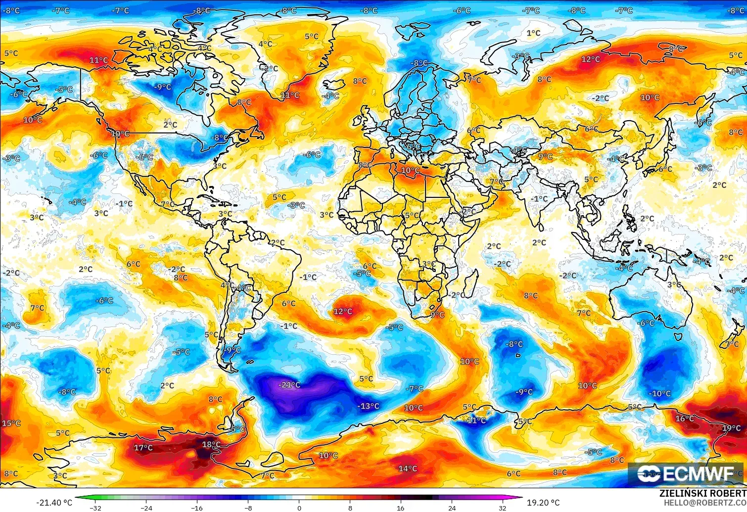 ECMWF IFS 0.25° modelo - Mundo, Anomalía de temperatura a 850 hPa