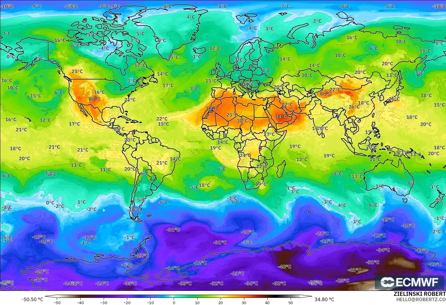 ECMWF IFS 0.25° modelo - Mundo, Temperatura a 850 hPa