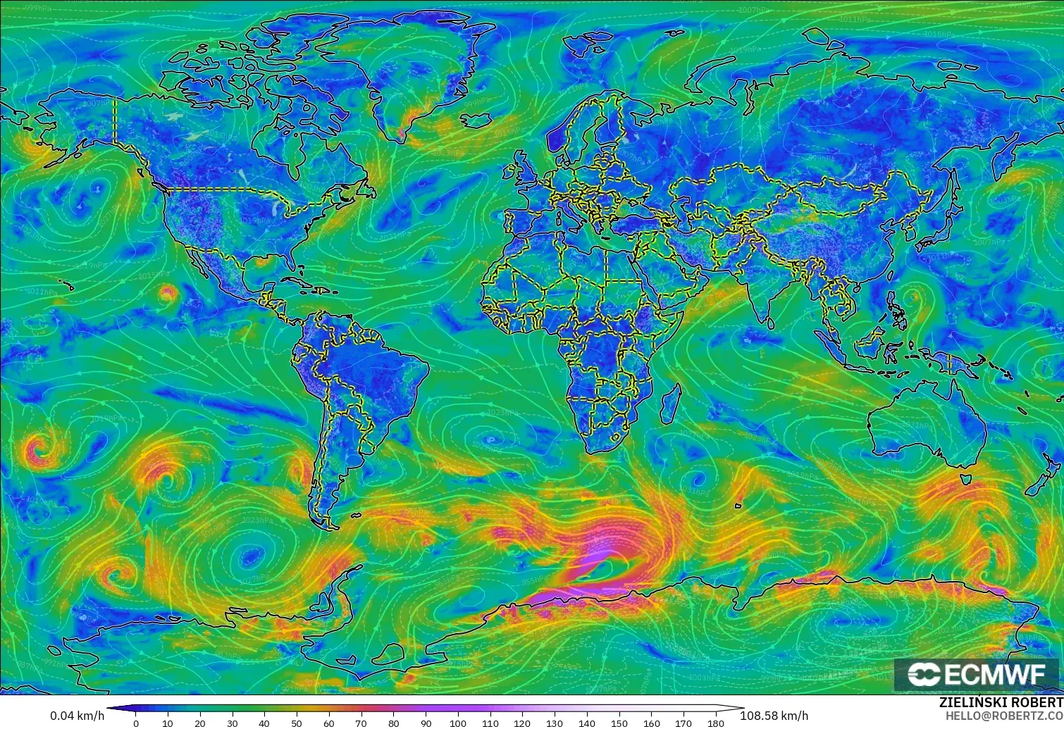 ECMWF IFS 0.25° modelo - Mundo, Viento a 10 m