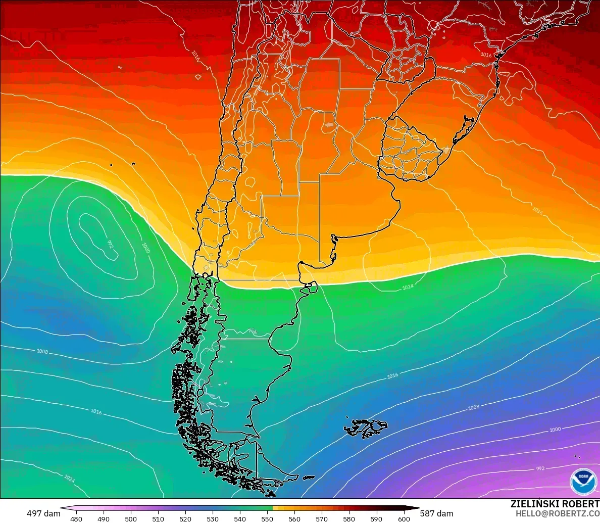 GFS modelo - Argentina, Altura geopotencial a 500 hPa
