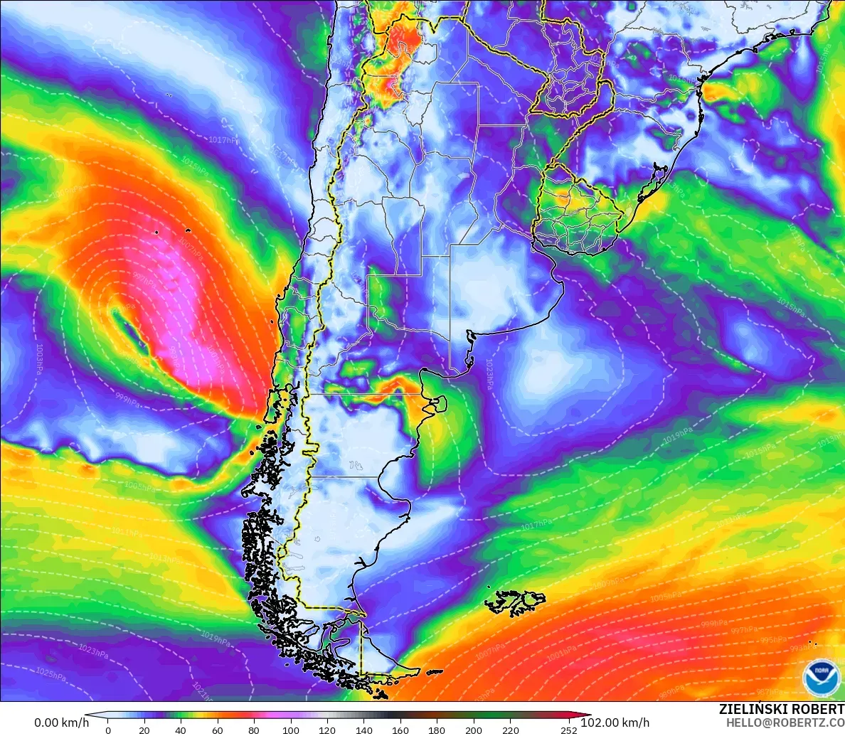 GFS modelo - Argentina, Ráfagas de Viento Máximas