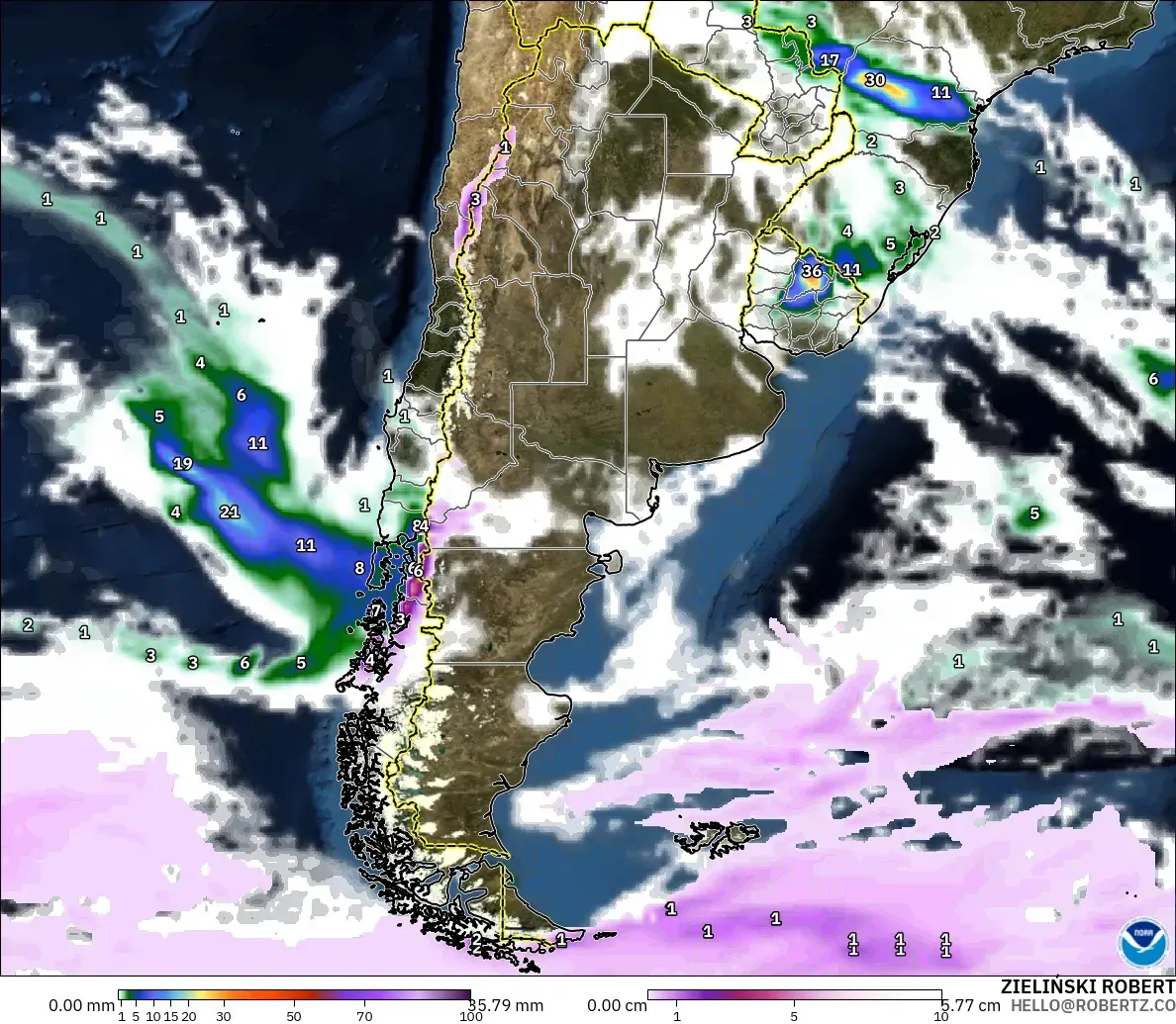 GFS modelo - Argentina, Precipitación, nubes y presión