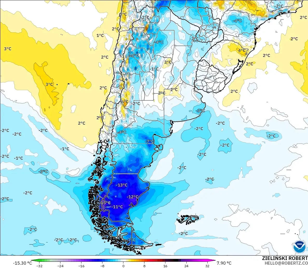GFS modelo - Argentina, Anomalía de temperatura a 2 m