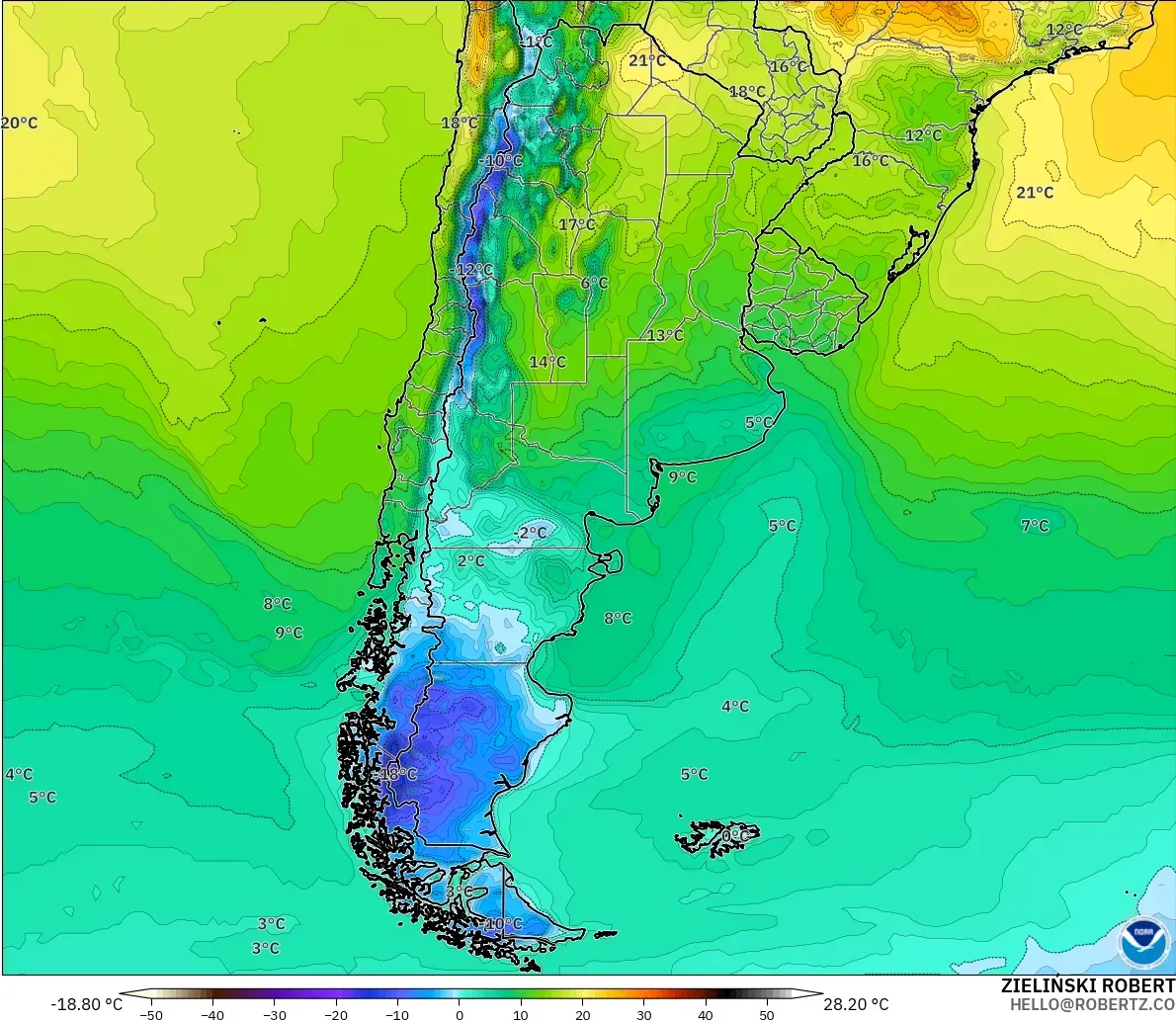 GFS modelo - Argentina, Temperatura a 2 m