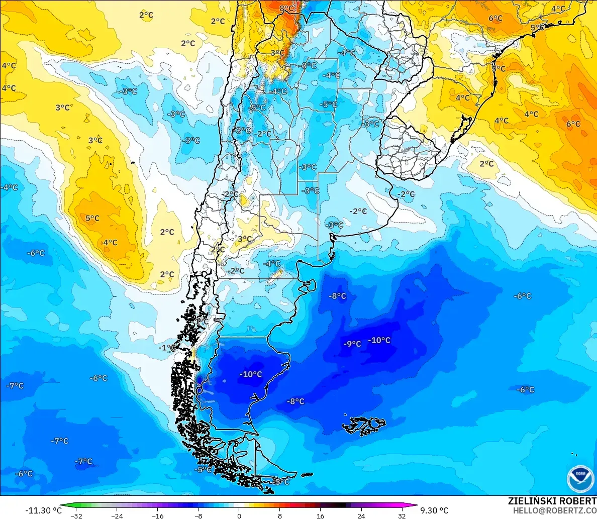 GFS modelo - Argentina, Anomalía de temperatura a 850 hPa