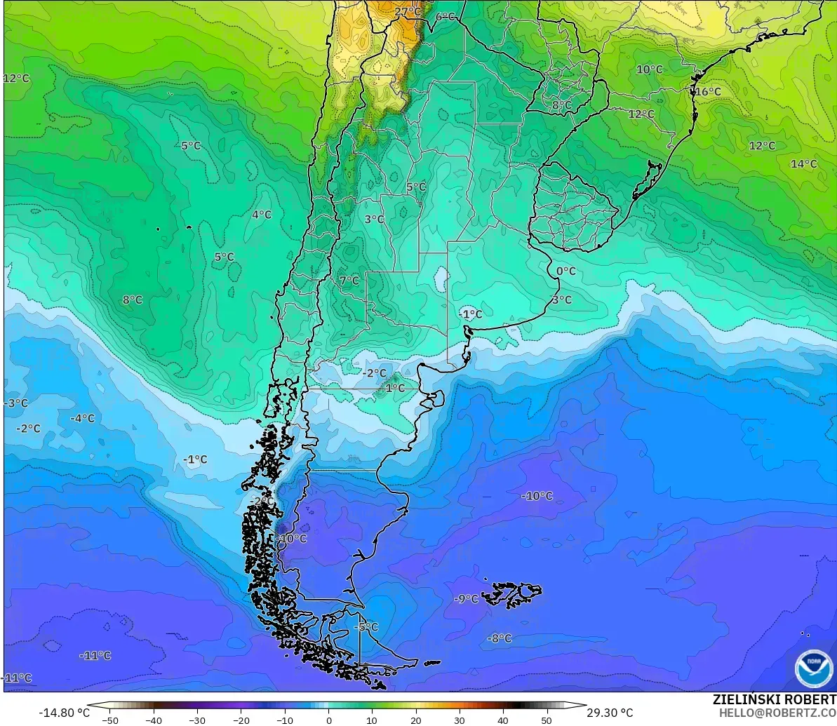 GFS modelo - Argentina, Temperatura a 850 hPa