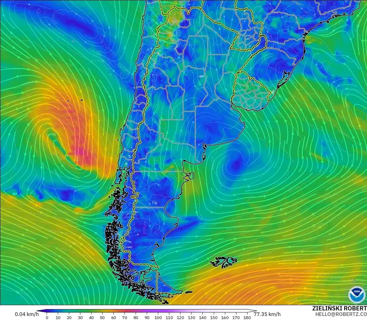 GFS modelo - Argentina, Viento a 10 m