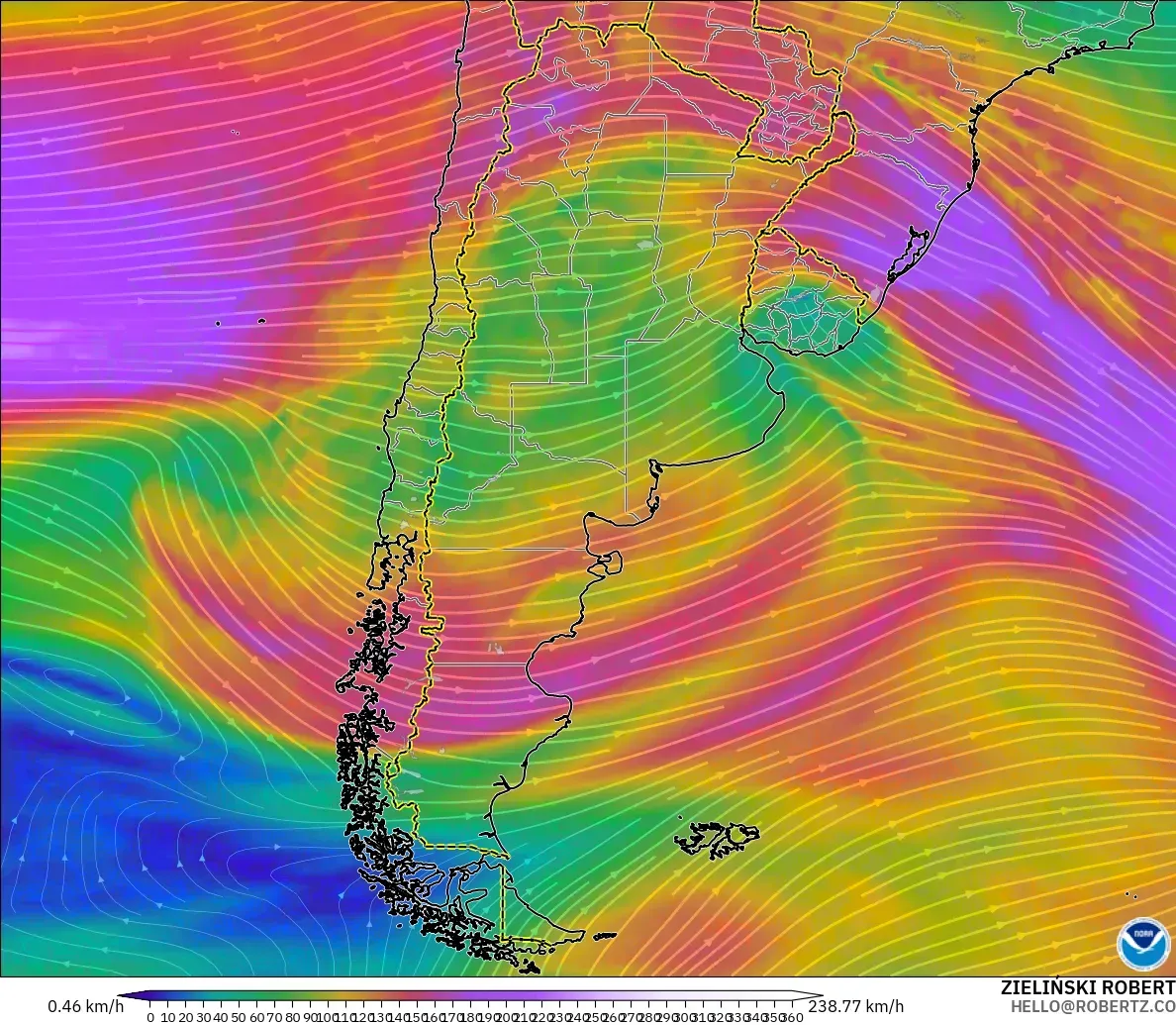 GFS modelo - Argentina, Viento a 300 hPa (corriente en chorro)