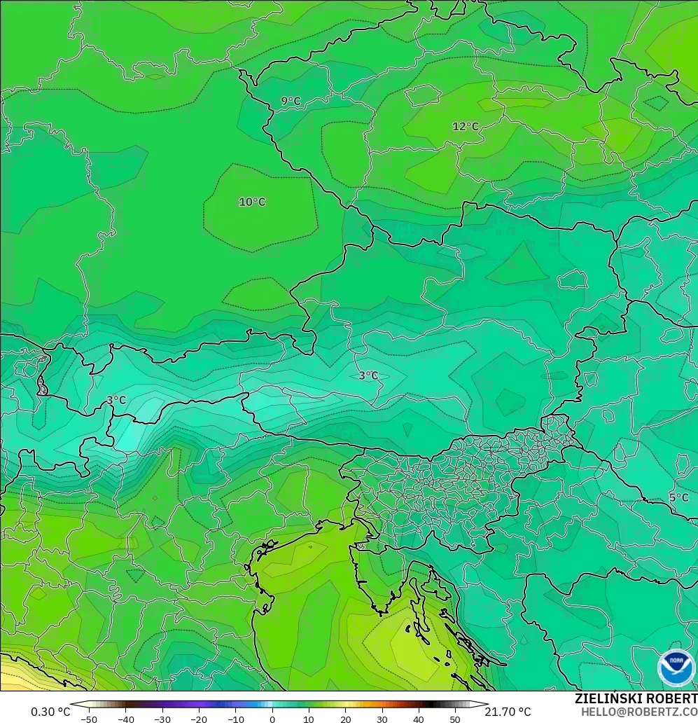 GFS modelo - Austria, Punto de rocío a 2 m