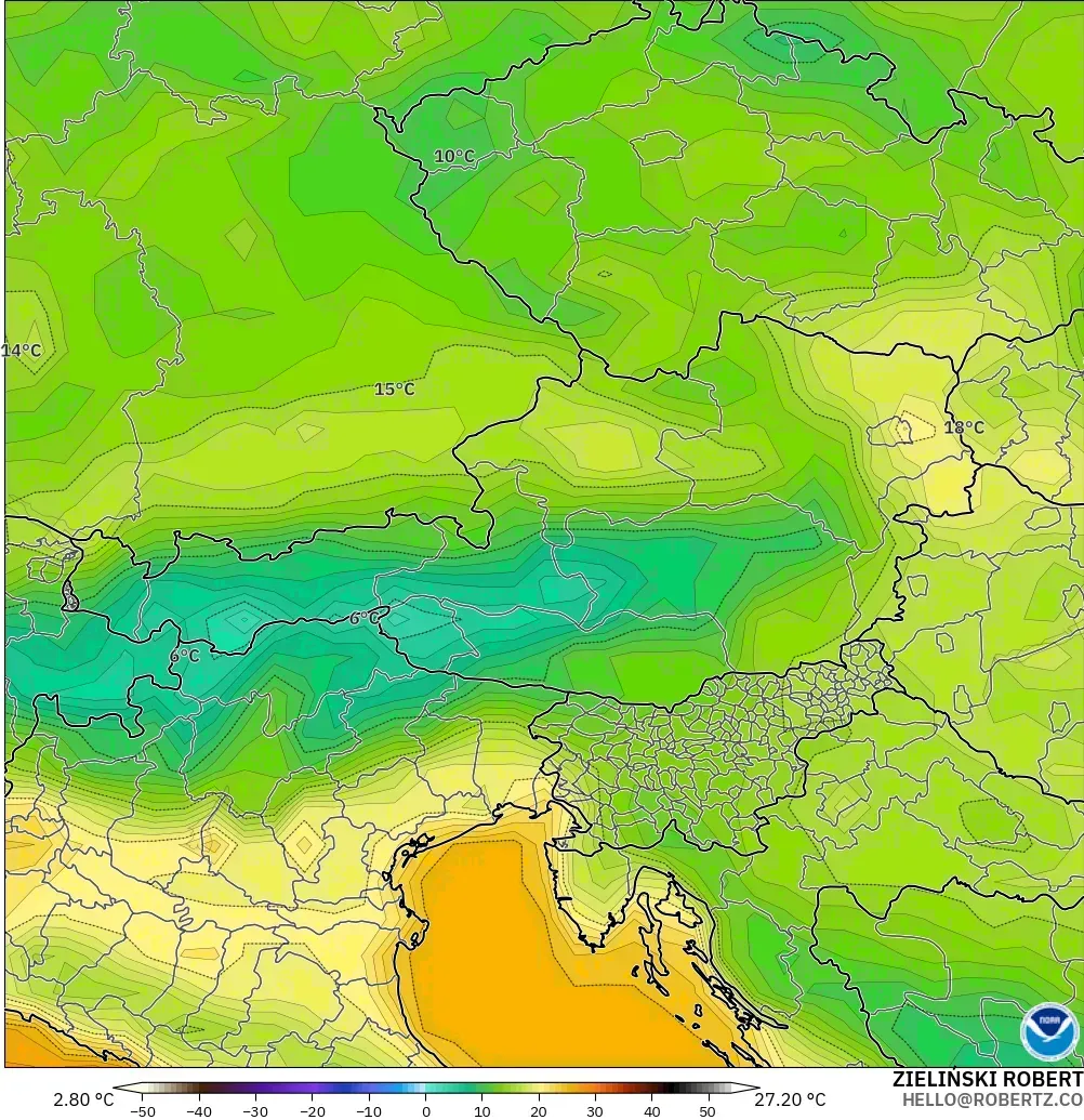 GFS modelo - Austria, Temperatura a 2 m
