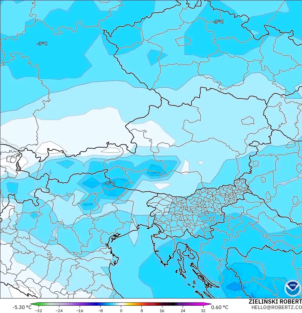 GFS modelo - Austria, Anomalía de temperatura a 850 hPa