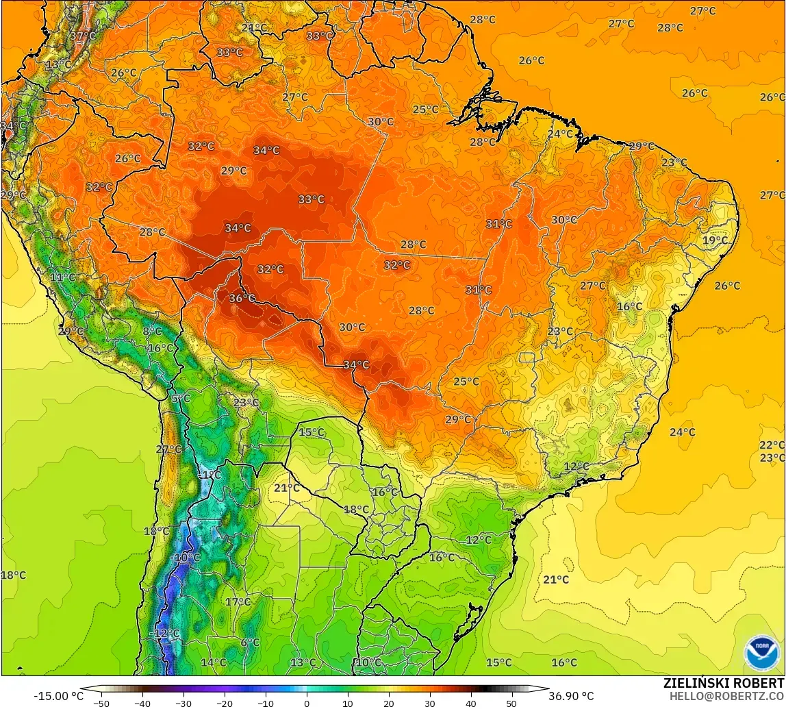 GFS modelo - Brasil, Temperatura a 2 m