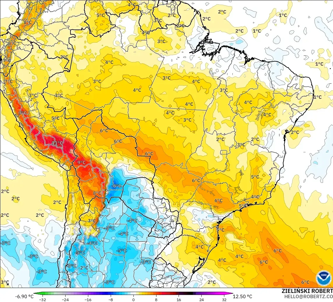 GFS modelo - Brasil, Anomalía de temperatura a 850 hPa