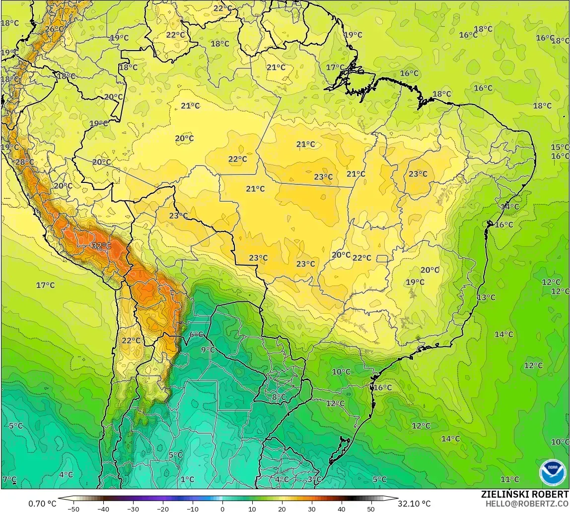 GFS modelo - Brasil, Temperatura a 850 hPa